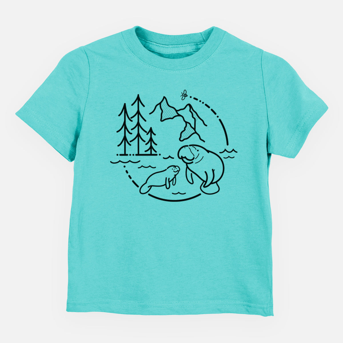 Caribbean blue toddler t-shirt laid flat, printed with a black line art circle connecting pine trees, mountains, a bee and two manatees swimming in water.
