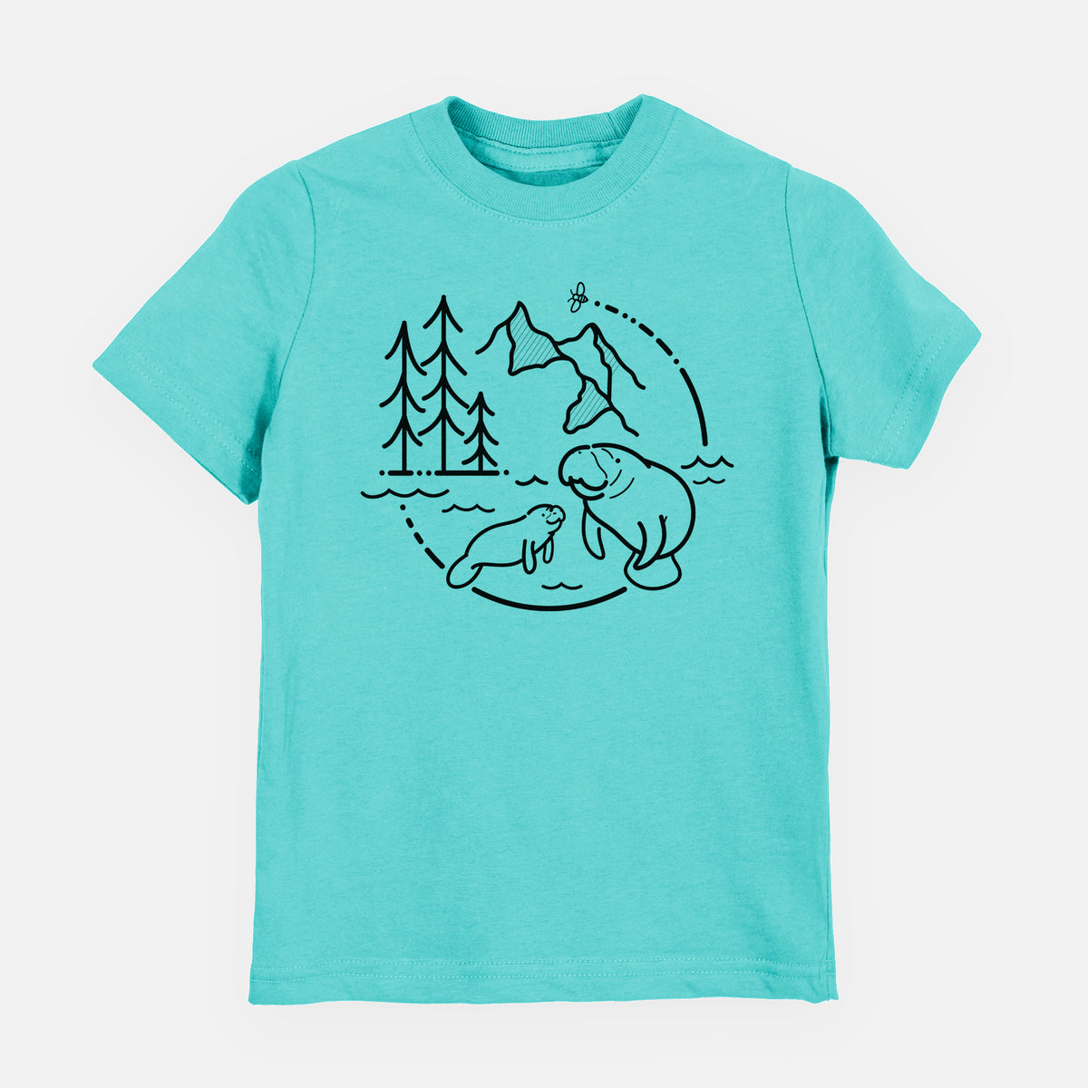Caribbean blue youth t-shirt laid flat, printed with a black line art circle connecting pine trees, mountains, a bee and two manatees swimming in water.