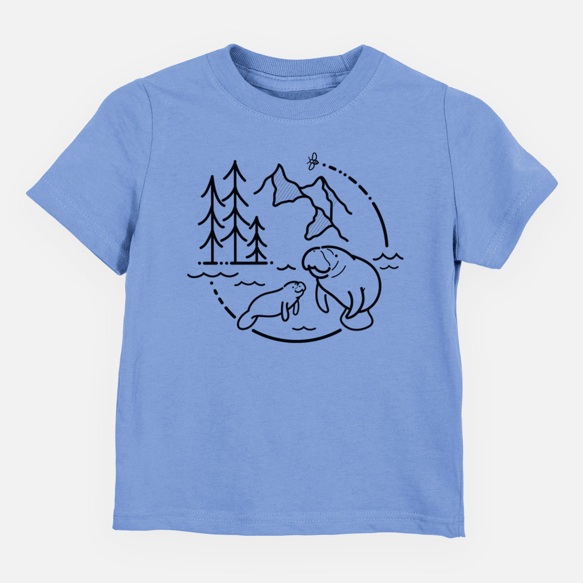 Carolina blue toddler t-shirt laid flat, printed with a black line art circle connecting pine trees, mountains, a bee and two manatees swimming in water.