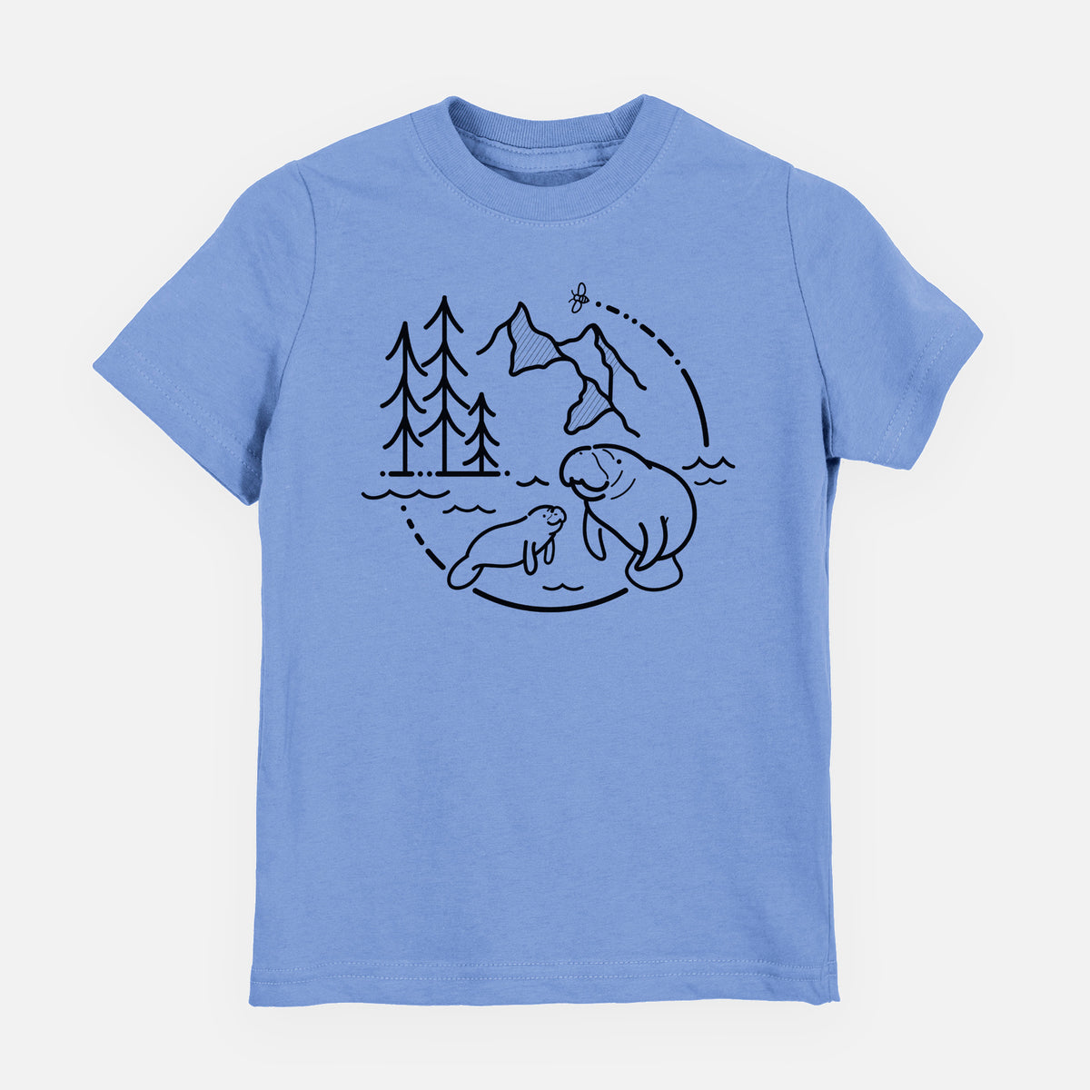 Carolina blue youth t-shirt laid flat, printed with a black line art circle connecting pine trees, mountains, a bee and two manatees swimming in water.
