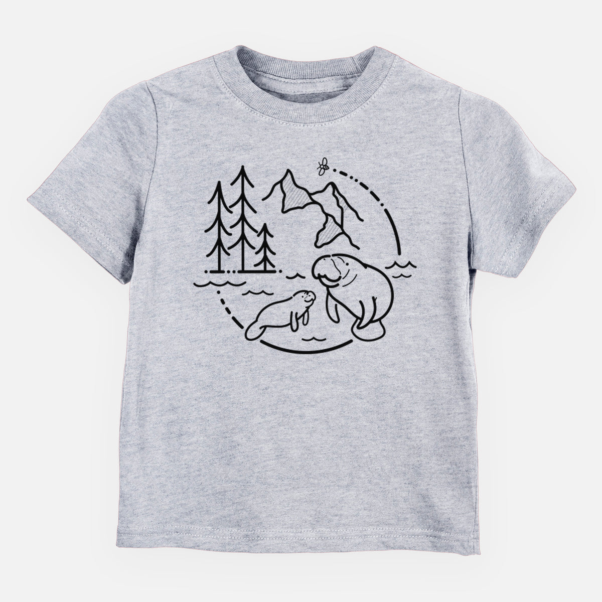 Heather grey toddler t-shirt laid flat, printed with a black line art circle connecting pine trees, mountains, a bee and two manatees swimming in water.