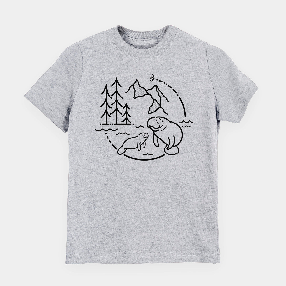Heather grey youth t-shirt laid flat, printed with a black line art circle connecting pine trees, mountains, a bee and two manatees swimming in water.