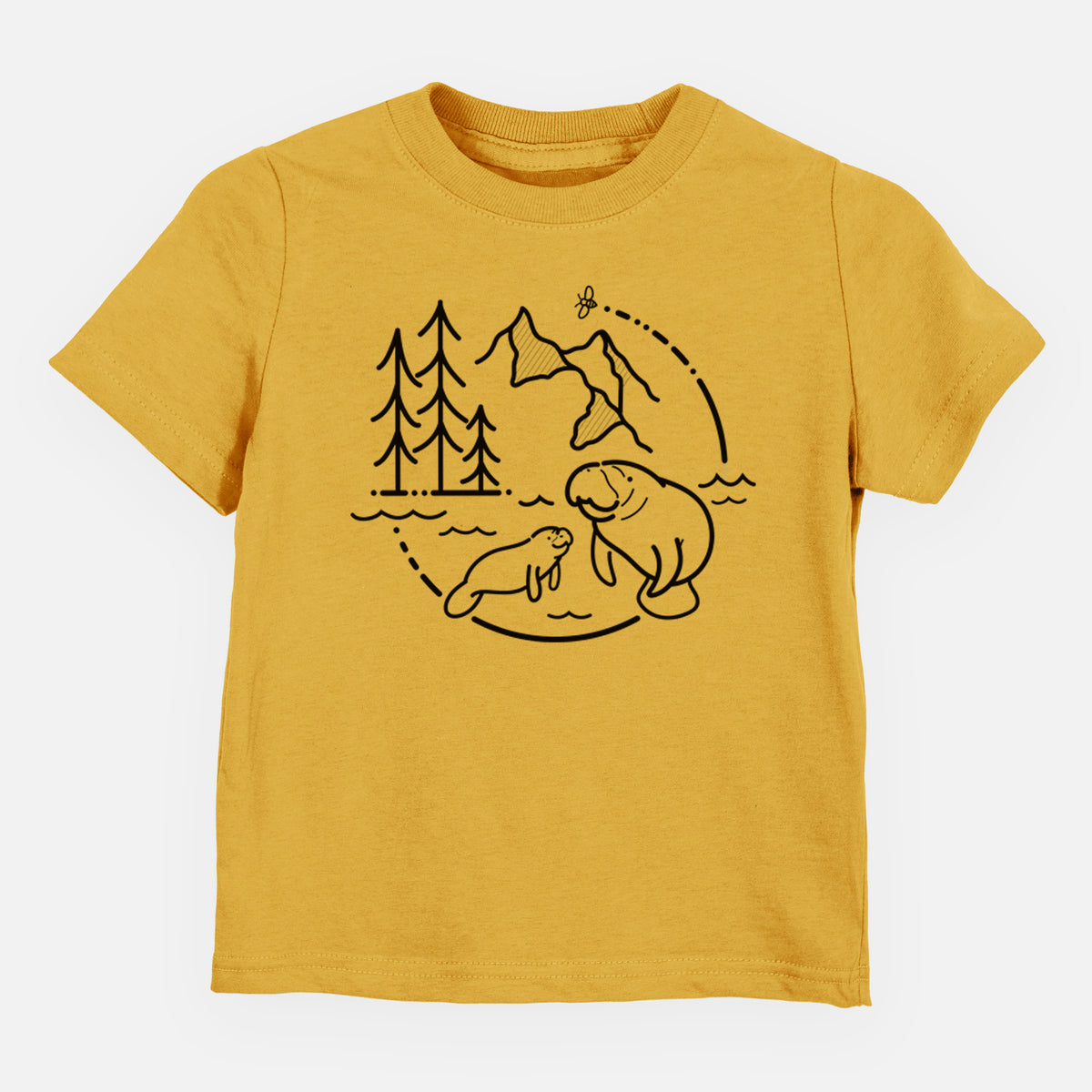 Honeycomb yellow toddler t-shirt laid flat, printed with a black line art circle connecting pine trees, mountains, a bee and two manatees swimming in water.