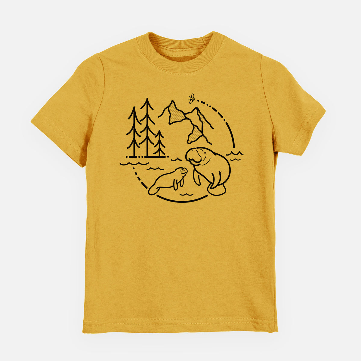 Honeycomb yellow youth t-shirt laid flat, printed with a black line art circle connecting pine trees, mountains, a bee and two manatees swimming in water.
