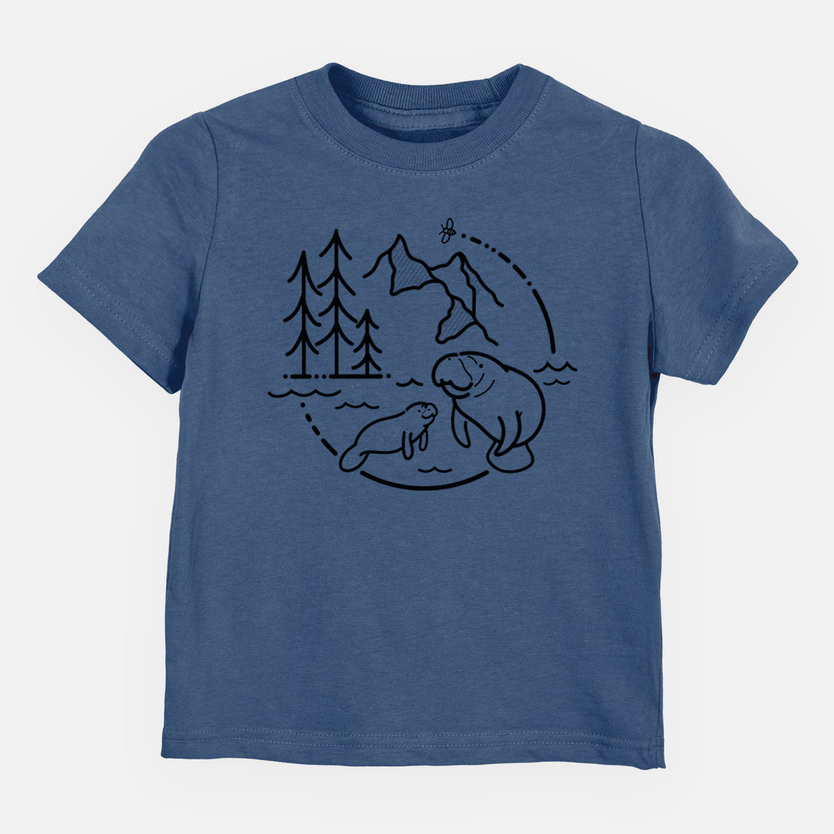 Indigo blue toddler t-shirt laid flat, printed with a black line art circle connecting pine trees, mountains, a bee and two manatees swimming in water.
