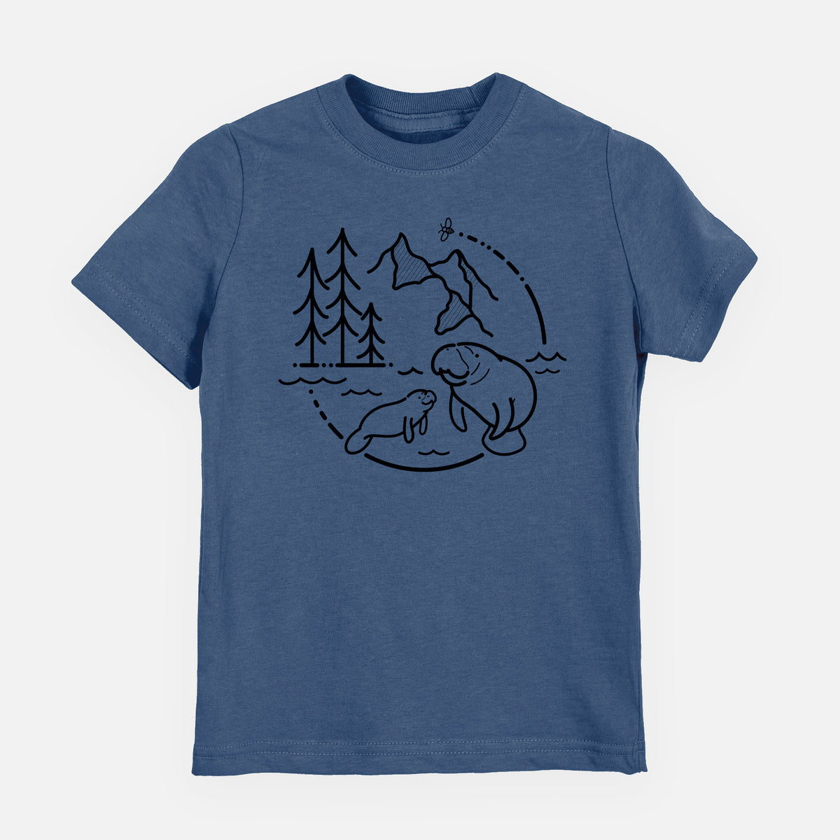 Indigo blue youth t-shirt laid flat, printed with a black line art circle connecting pine trees, mountains, a bee and two manatees swimming in water.