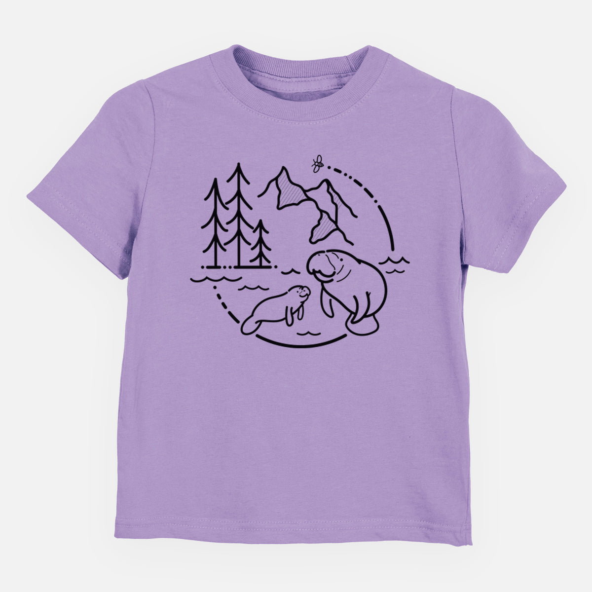 Lavender toddler t-shirt laid flat, printed with a black line art circle connecting pine trees, mountains, a bee and two manatees swimming in water.