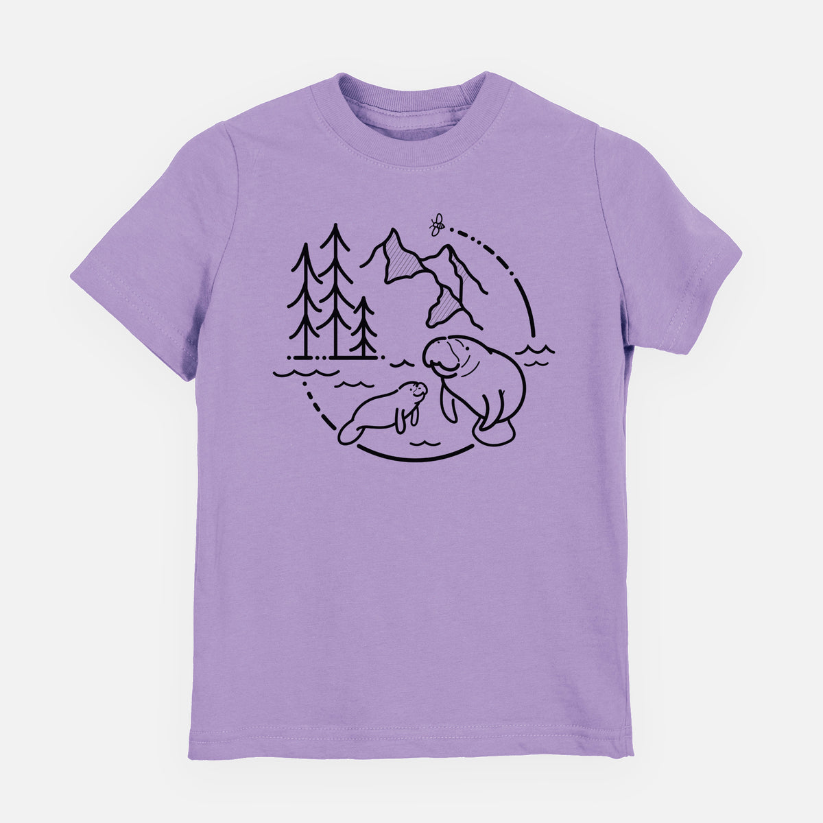 Lavender youth t-shirt laid flat, printed with a black line art circle connecting pine trees, mountains, a bee and two manatees swimming in water.