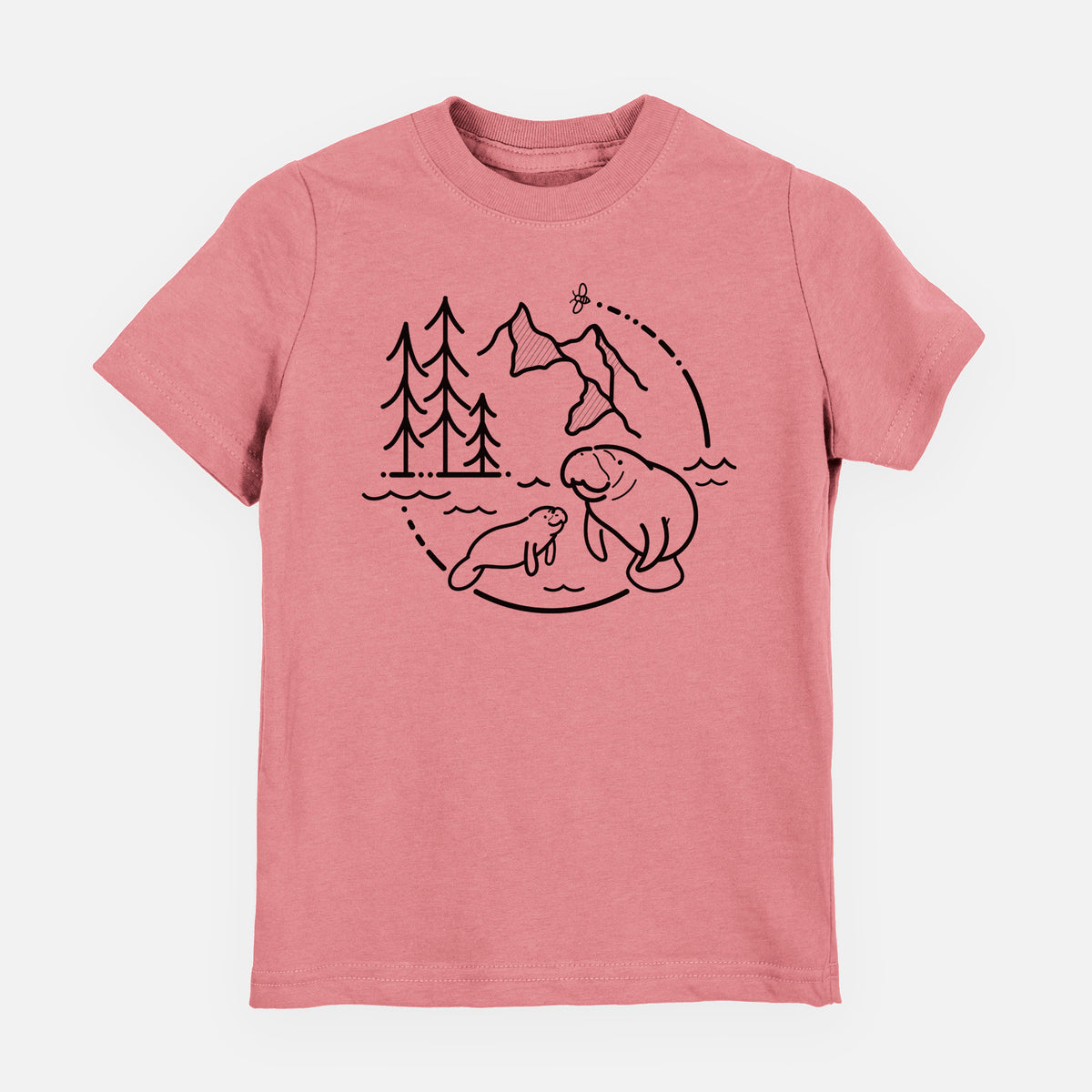 Mauve pink youth t-shirt laid flat, printed with a black line art circle connecting pine trees, mountains, a bee and two manatees swimming in water.