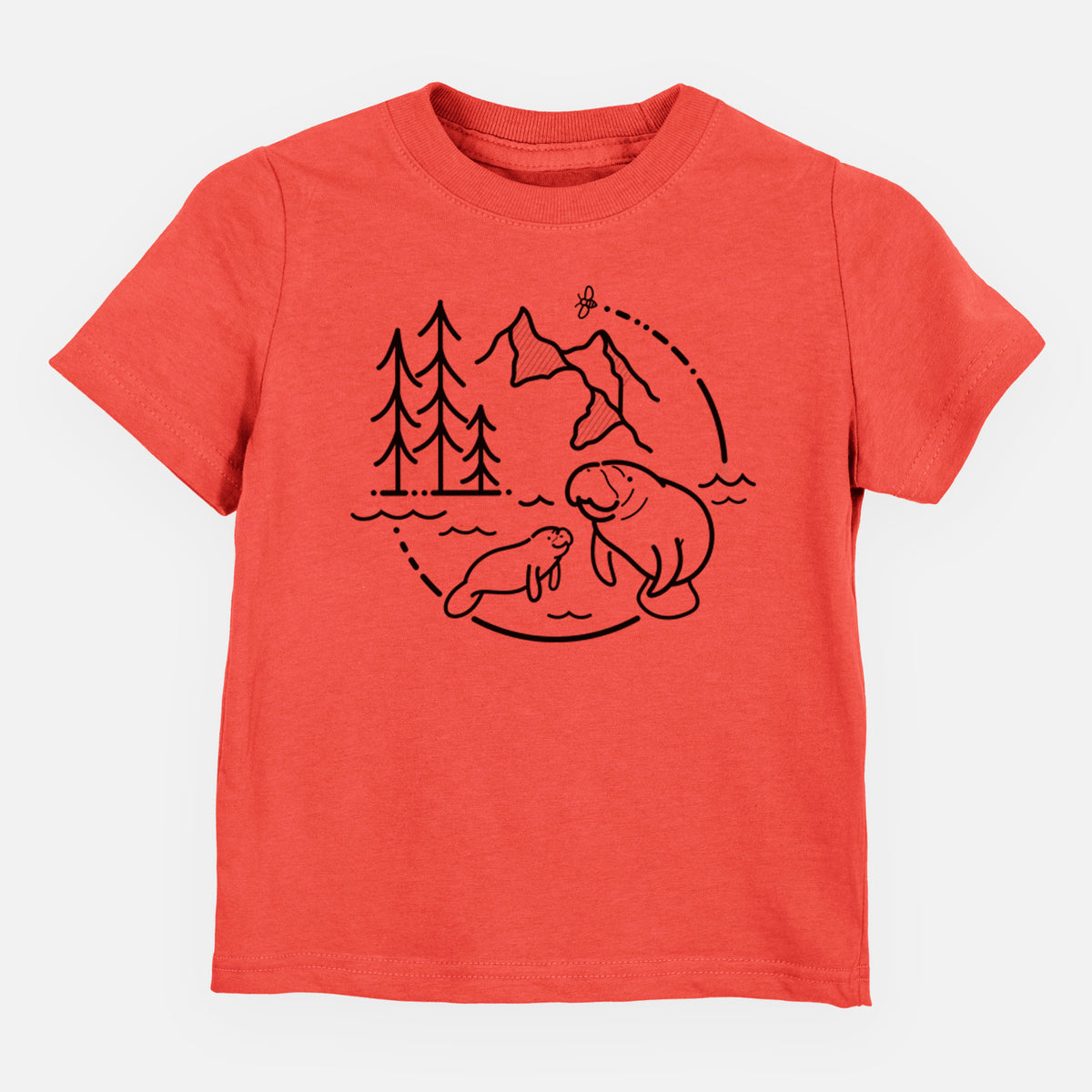 Passionfruit pink toddler t-shirt laid flat, printed with a black line art circle connecting pine trees, mountains, a bee and two manatees swimming in water.
