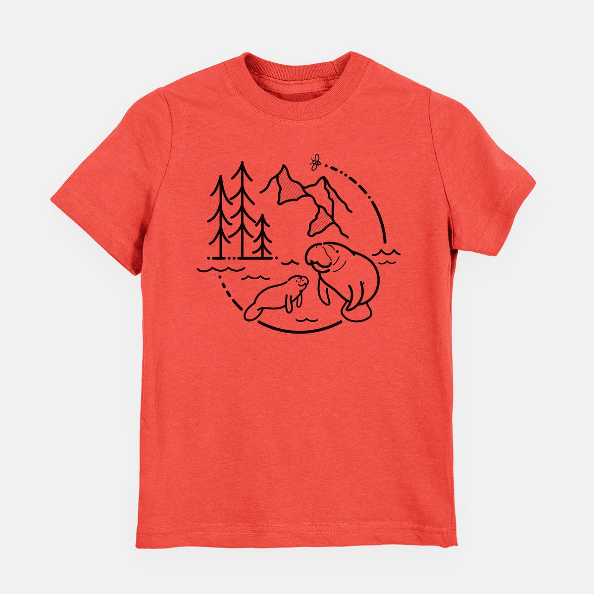 Passionfruit pink youth t-shirt laid flat, printed with a black line art circle connecting pine trees, mountains, a bee and two manatees swimming in water.