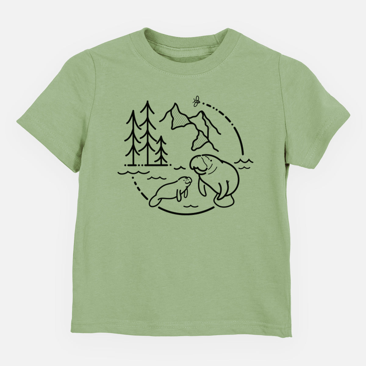 Sage green toddler t-shirt laid flat, printed with a black line art circle connecting pine trees, mountains, a bee and two manatees swimming in water.