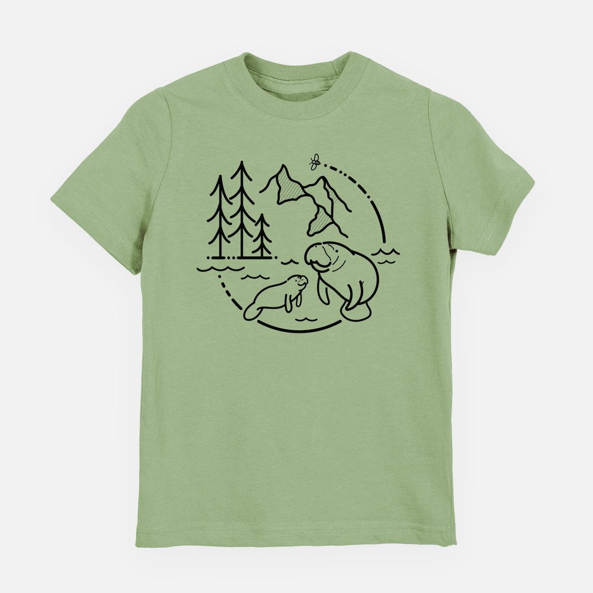 Sage green youth t-shirt laid flat, printed with a black line art circle connecting pine trees, mountains, a bee and two manatees swimming in water.