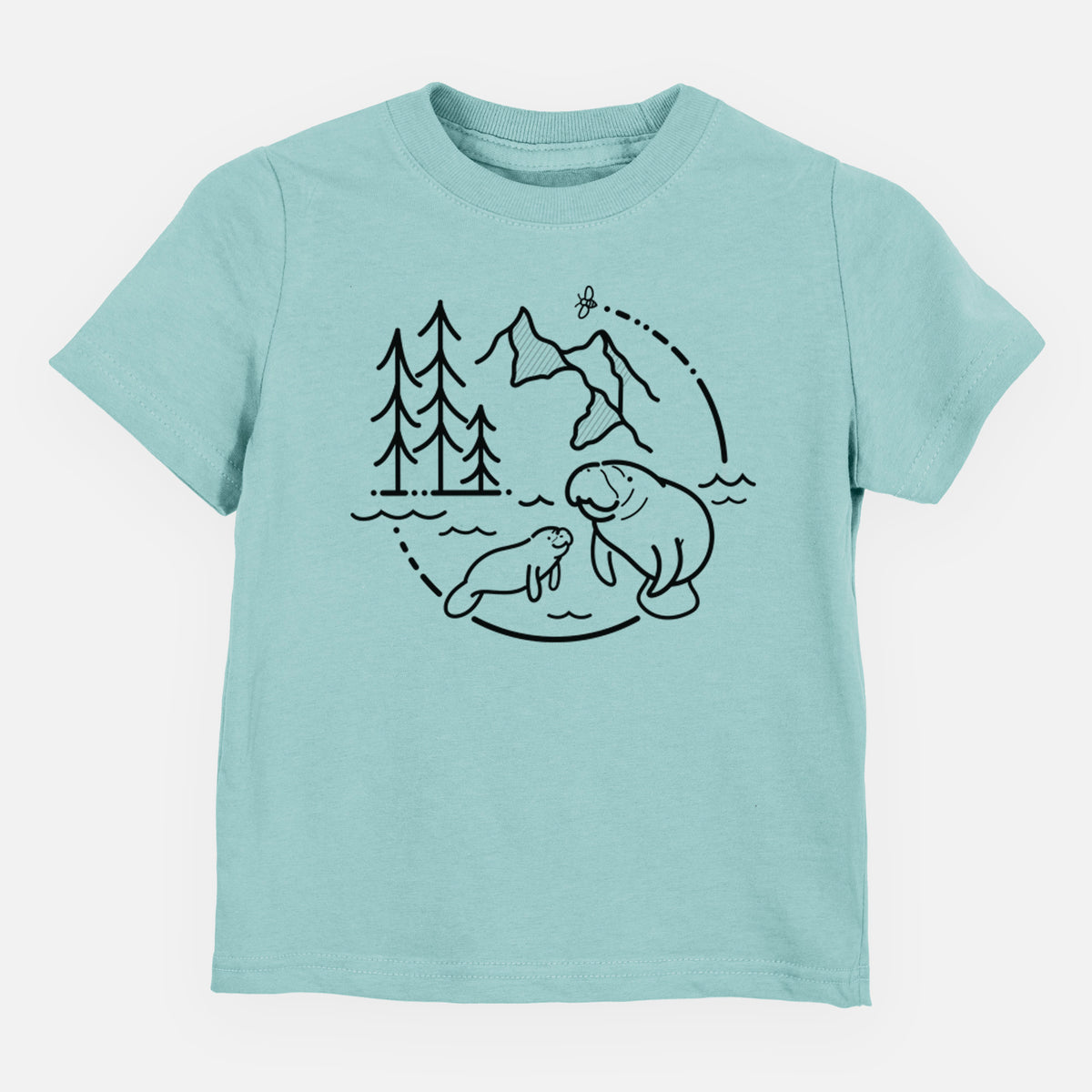 Saltwater toddler t-shirt laid flat, printed with a black line art circle connecting pine trees, mountains, a bee and two manatees swimming in water.