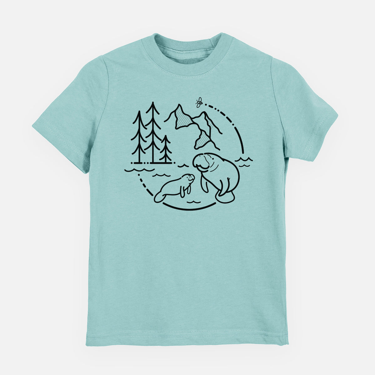 Saltwater youth t-shirt laid flat, printed with a black line art circle connecting pine trees, mountains, a bee and two manatees swimming in water.