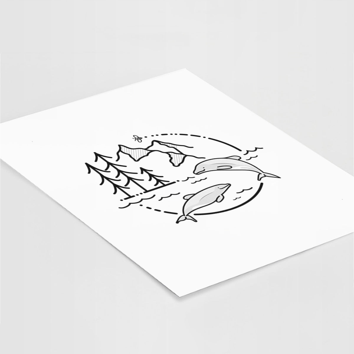 Art print of a black line art circle connecting pine trees, mountains, a bee and two Maui dolphins leaping from the waves, lying at an angle on a white surface.