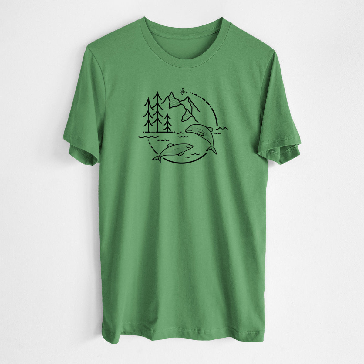 Leaf green lightweight cotton t-shirt laid flat, printed with a black line art circle connecting pine trees, mountains, a bee and two Maui dolphins leaping from the waves.