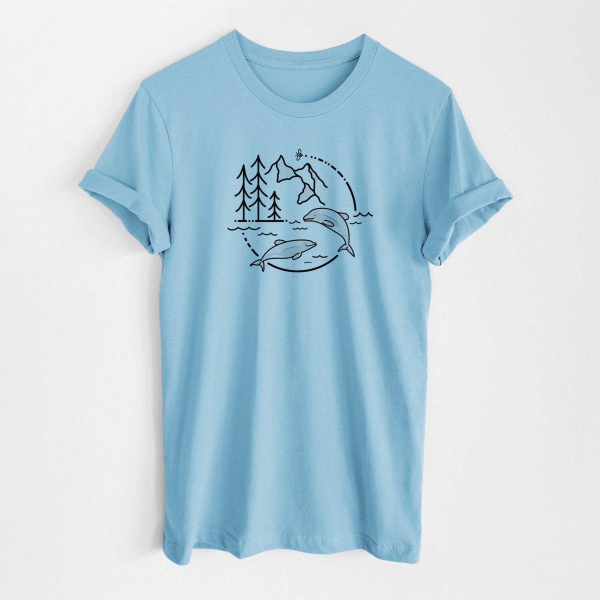 Ocean blue lightweight cotton t-shirt laid flat, printed with a black line art circle connecting pine trees, mountains, a bee and two Maui dolphins leaping from the waves.