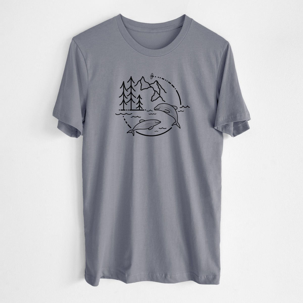 Storm grey lightweight cotton t-shirt laid flat, printed with a black line art circle connecting pine trees, mountains, a bee and two Maui dolphins leaping from the waves.