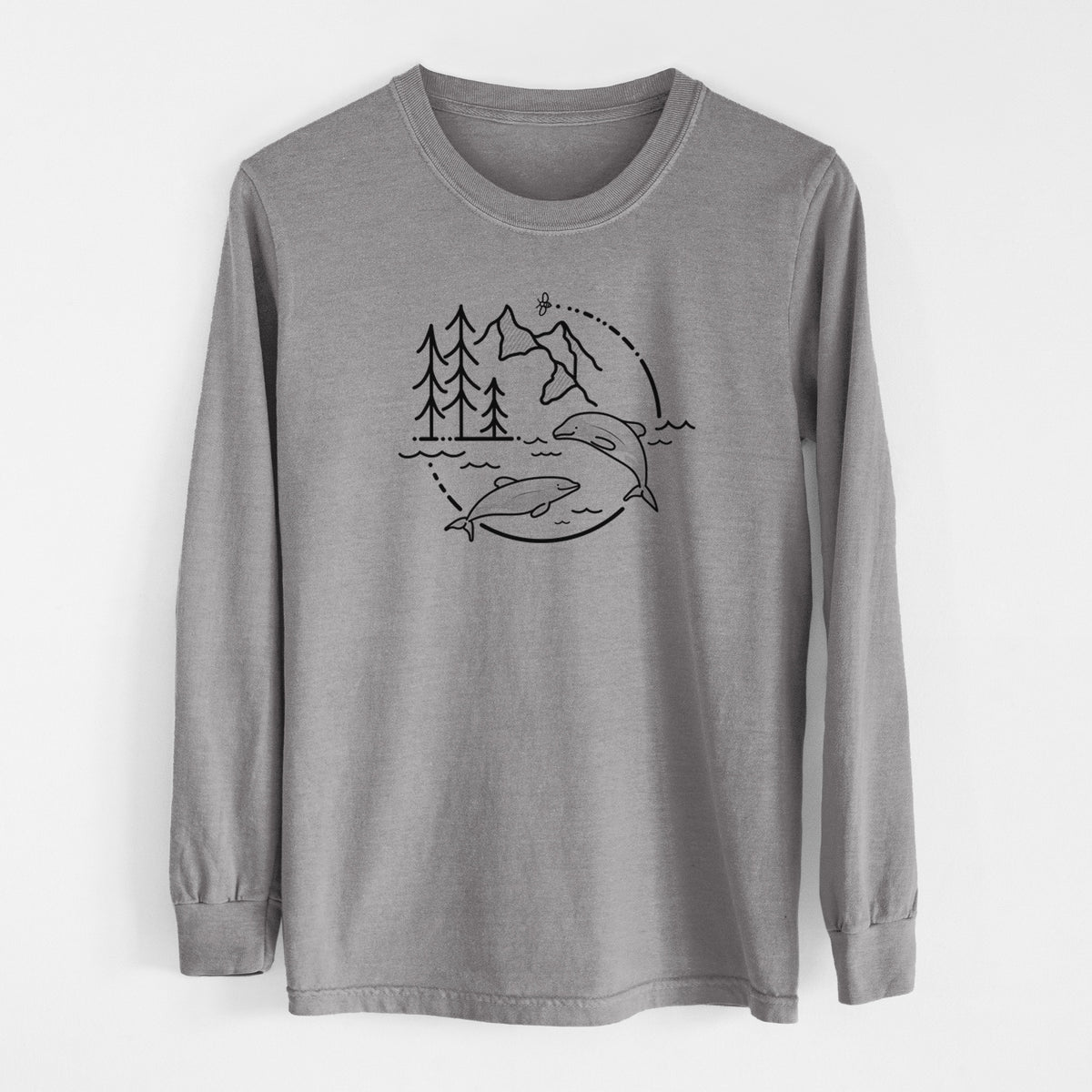 Grey Comfort Colors long sleeve shirt laid flat, printed with a black line art circle connecting pine trees, mountains, a bee and two Maui dolphins leaping from the waves.