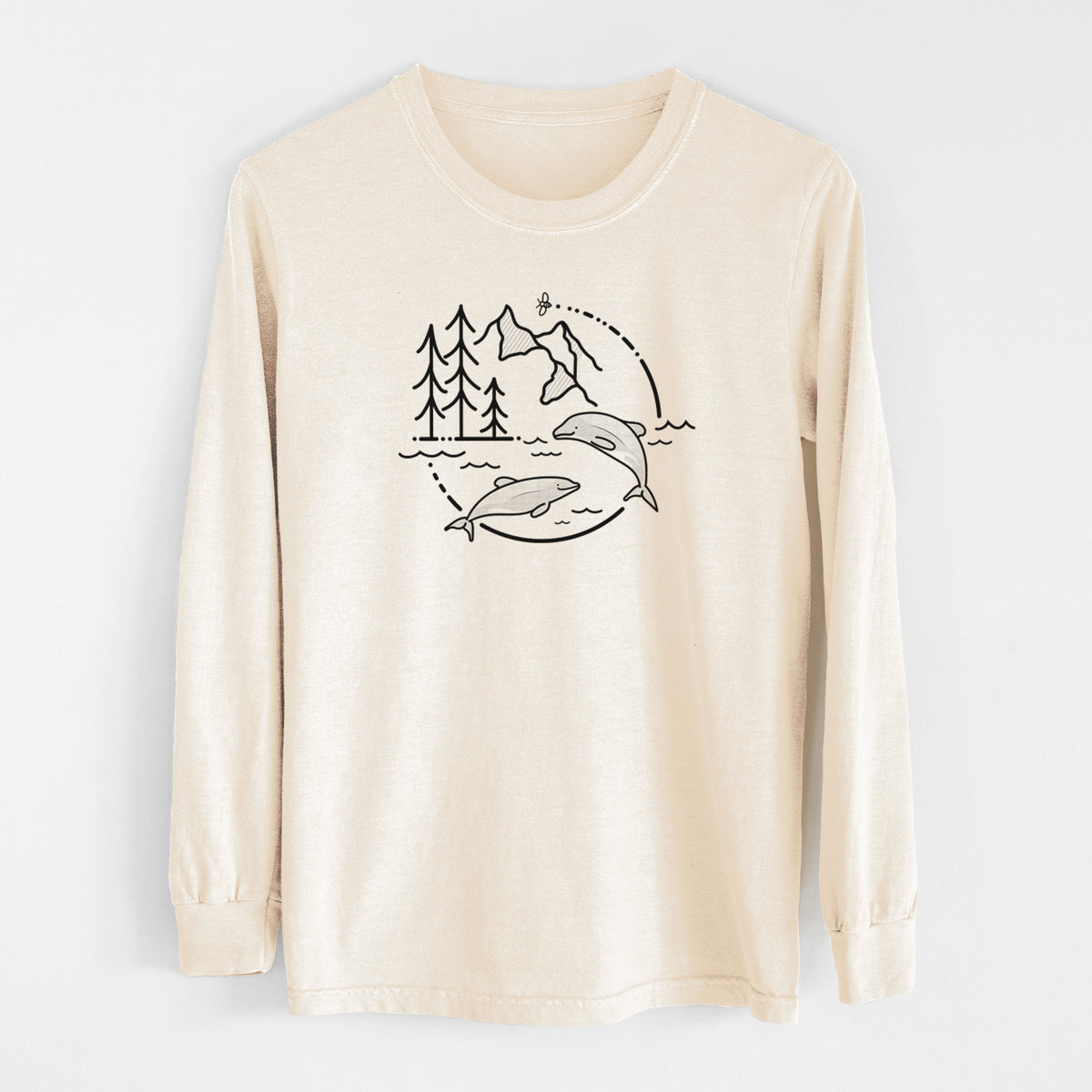 Ivory Comfort Colors long sleeve shirt laid flat, printed with a black line art circle connecting pine trees, mountains, a bee and two Maui dolphins leaping from the waves.