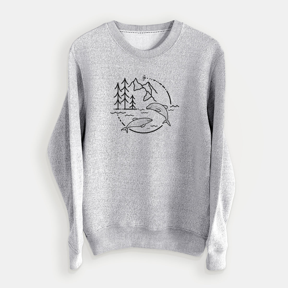 Salt and pepper knit sweatshirt laid flat, printed with a black line art circle connecting pine trees, mountains, a bee and two Maui dolphins leaping from the waves.