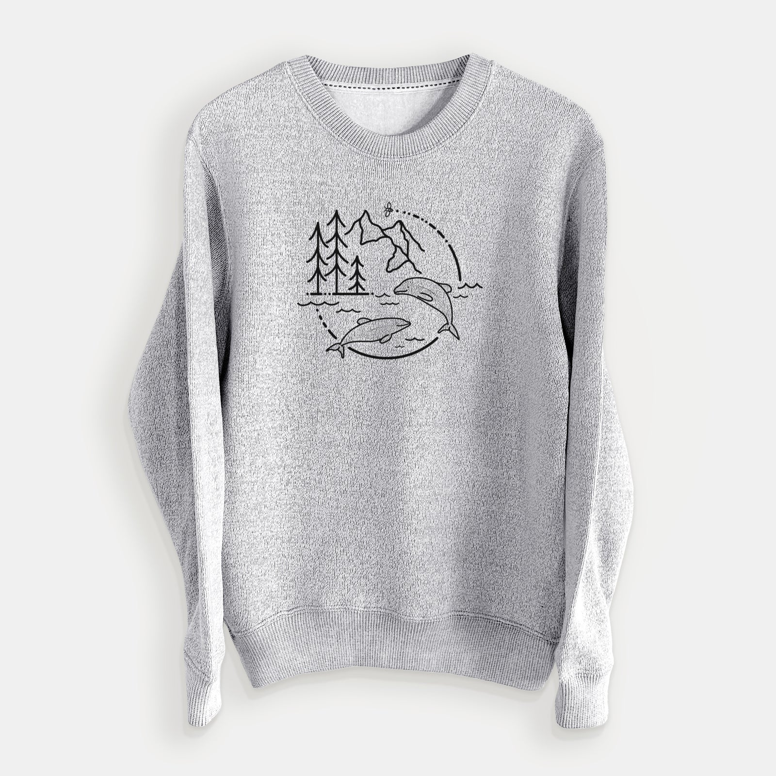 Salt and pepper knit sweatshirt laid flat, printed with a black line art circle connecting pine trees, mountains, a bee and two Maui dolphins leaping from the waves.