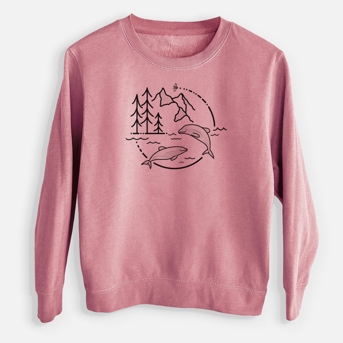 Mauve pink youth crewneck sweatshirt laid flat, printed with a black line art circle connecting pine trees, mountains, a bee and two Maui dolphins leaping from the waves.