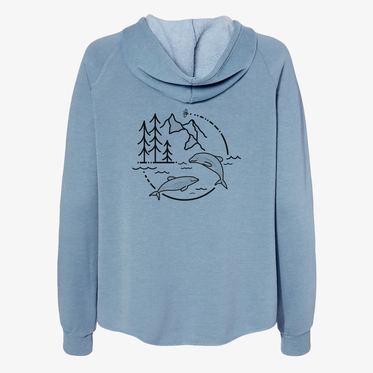 Misty blue women's Cali Wave zip-up sweatshirt laid flat, printed with a black line art circle connecting pine trees, mountains, a bee and two Maui dolphins leaping from the waves.