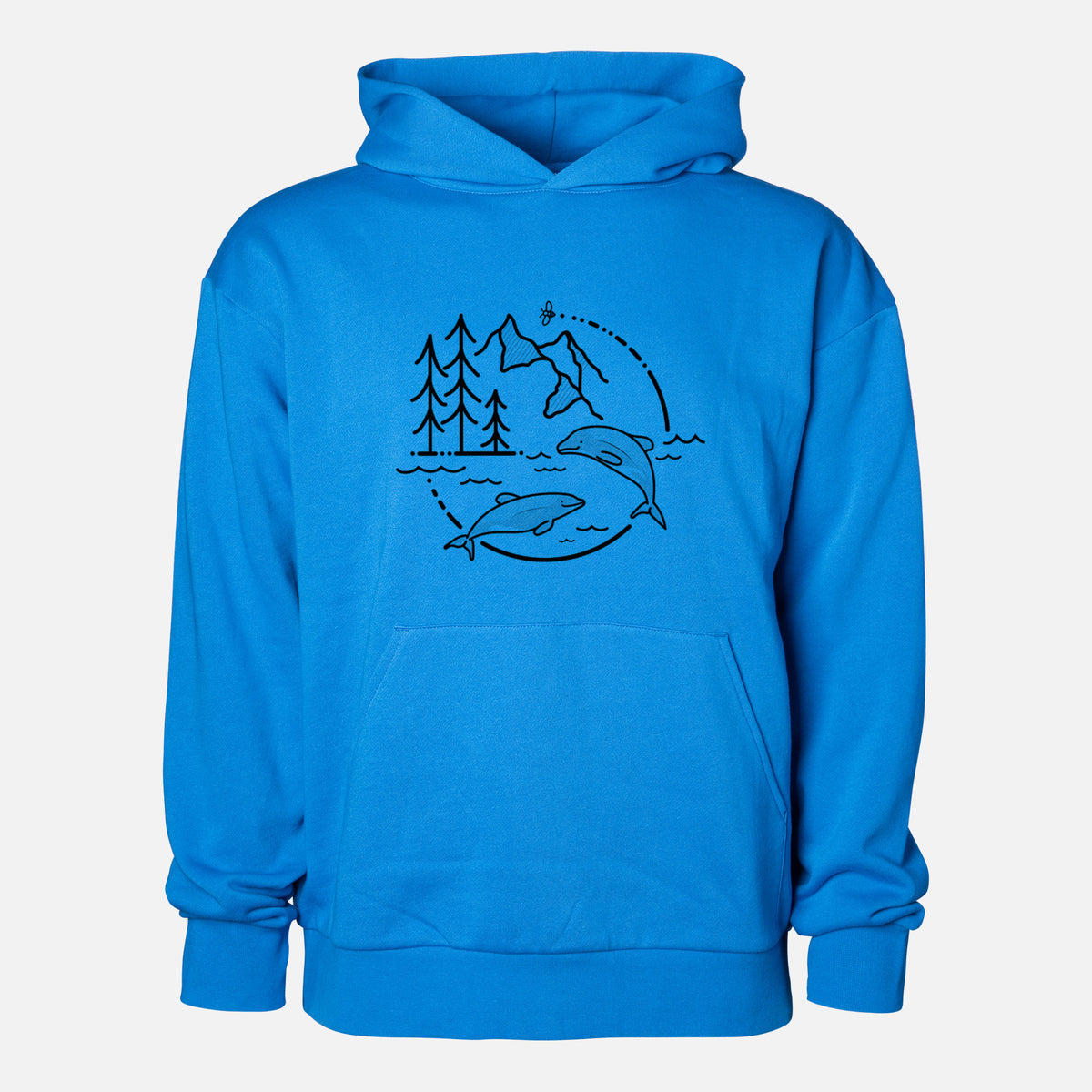 It's All Connected - Maui Dolphins - Statement Midweight Hoodie in Azure Blue, shown from the front with the design printed on the chest above a front kangaroo pocket.
