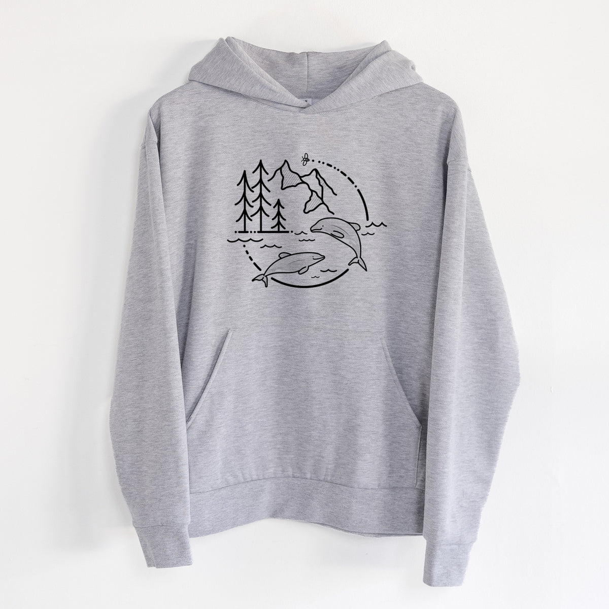 It's All Connected - Maui Dolphins - Statement Midweight Hoodie in Heather Grey, hanging on a white wall, with a front kangaroo pocket and no drawcords.