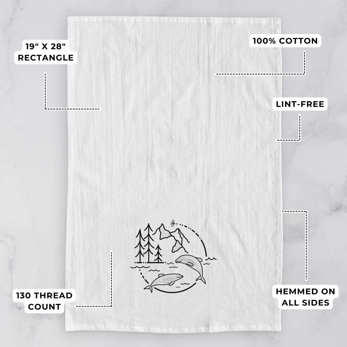 White tea towel printed with a black line art circle connecting pine trees, mountains, a bee and two Maui dolphins leaping from the waves, with feature labels: 19 by 28 inch rectangle, 100% cotton, lint-free, 130 thread count, hemmed on all sides.