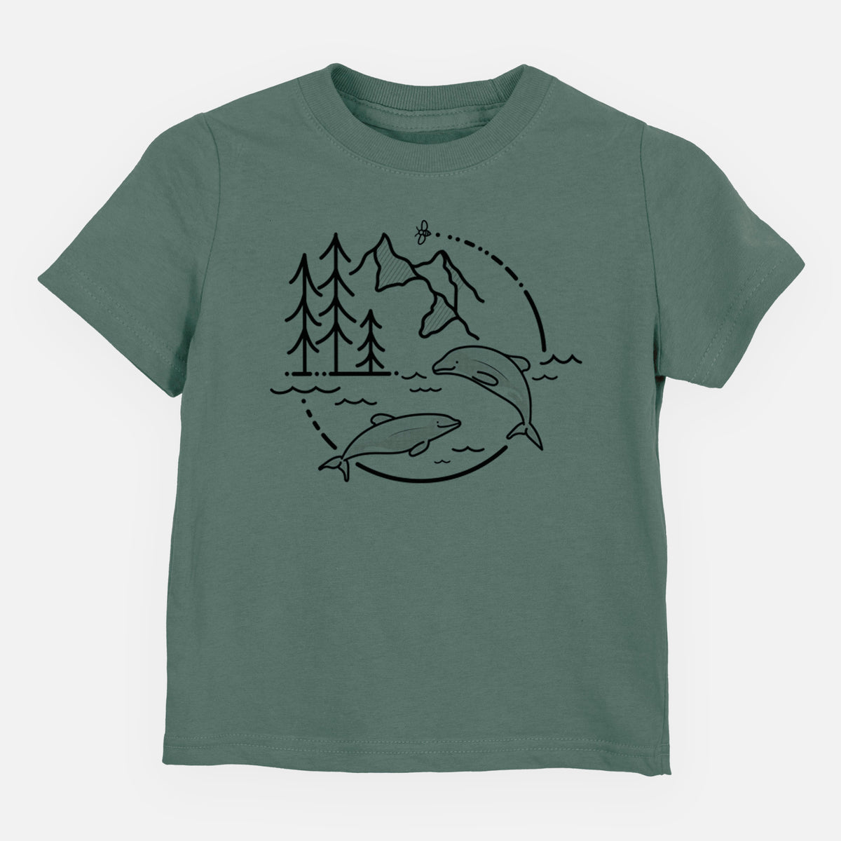 Basil green toddler t-shirt laid flat, printed with a black line art circle connecting pine trees, mountains, a bee and two Maui dolphins leaping from the waves.