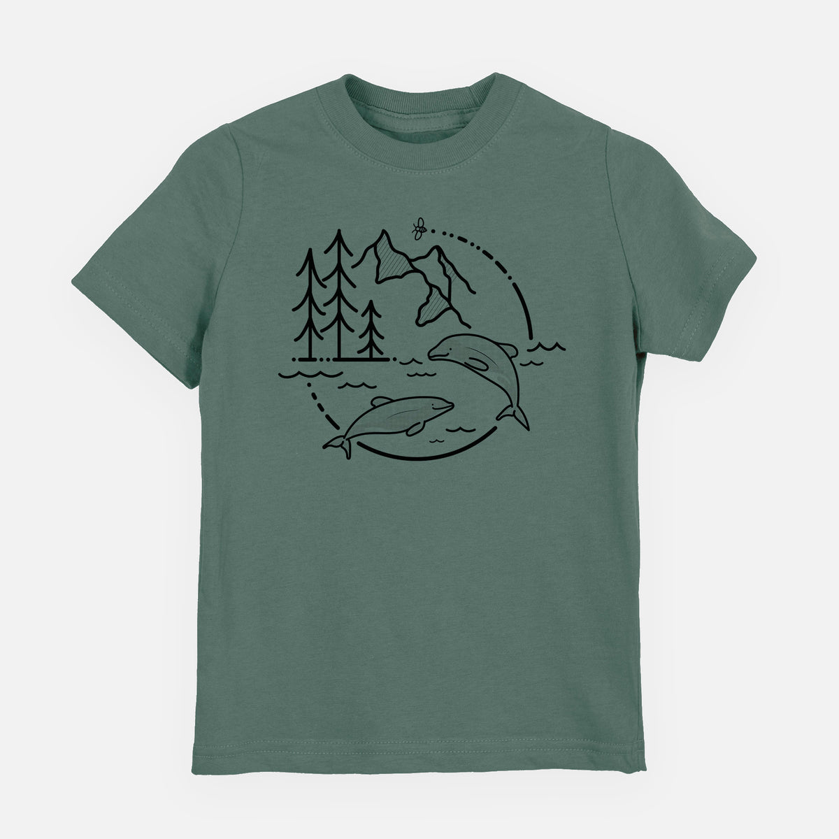 Basil green youth t-shirt laid flat, printed with a black line art circle connecting pine trees, mountains, a bee and two Maui dolphins leaping from the waves.