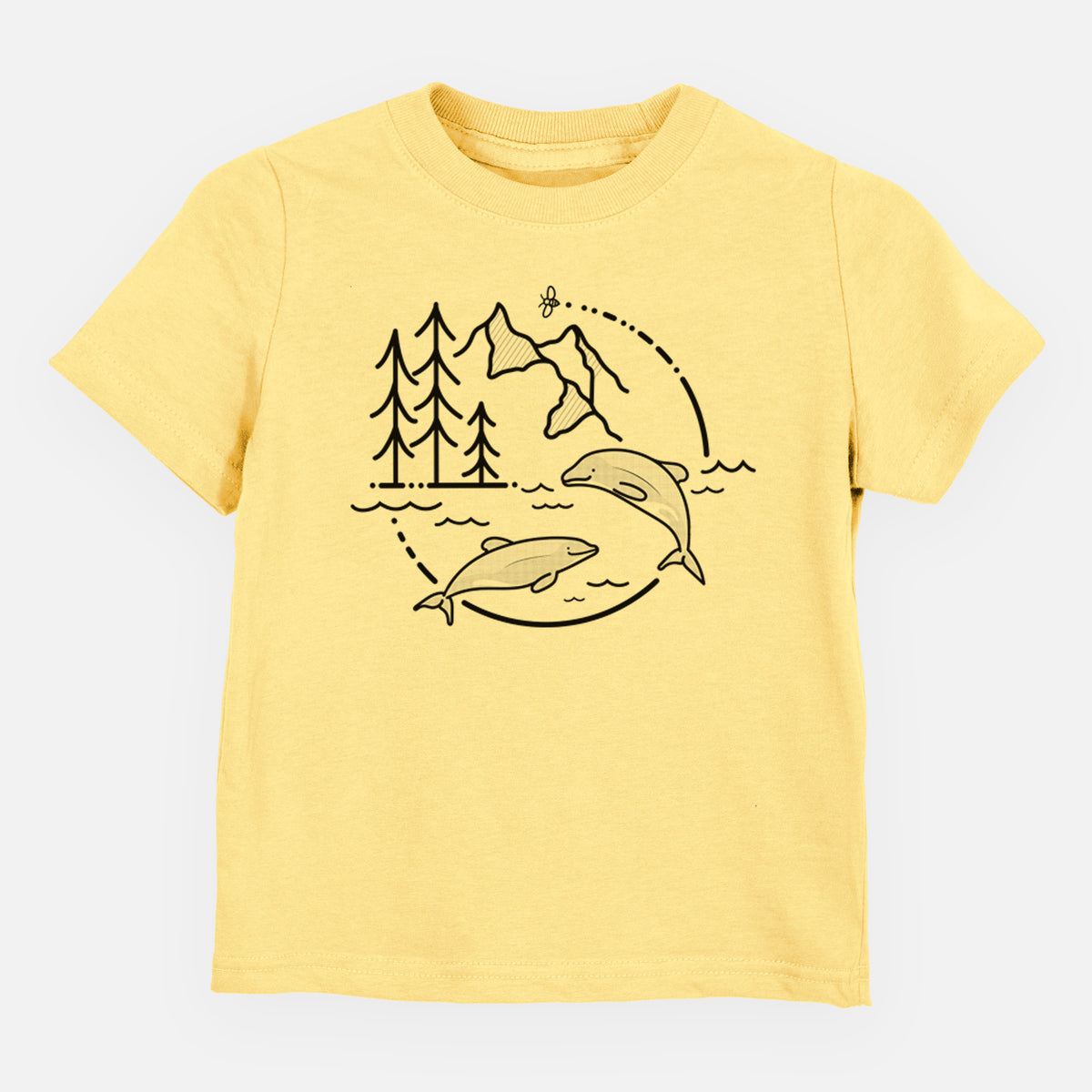 Butter yellow toddler t-shirt laid flat, printed with a black line art circle connecting pine trees, mountains, a bee and two Maui dolphins leaping from the waves.