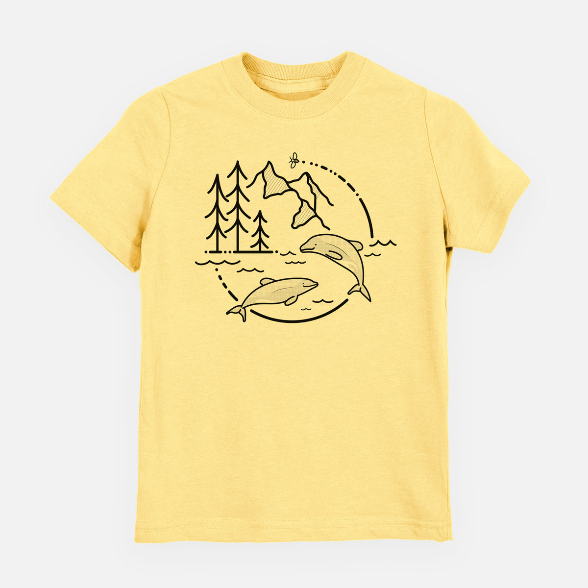 Butter yellow youth t-shirt laid flat, printed with a black line art circle connecting pine trees, mountains, a bee and two Maui dolphins leaping from the waves.