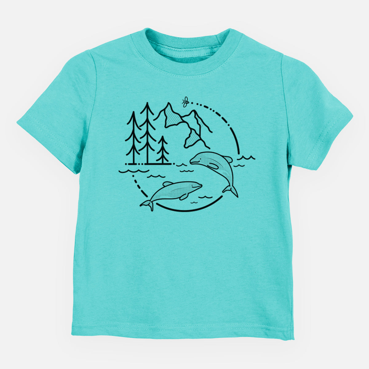 Caribbean blue toddler t-shirt laid flat, printed with a black line art circle connecting pine trees, mountains, a bee and two Maui dolphins leaping from the waves.