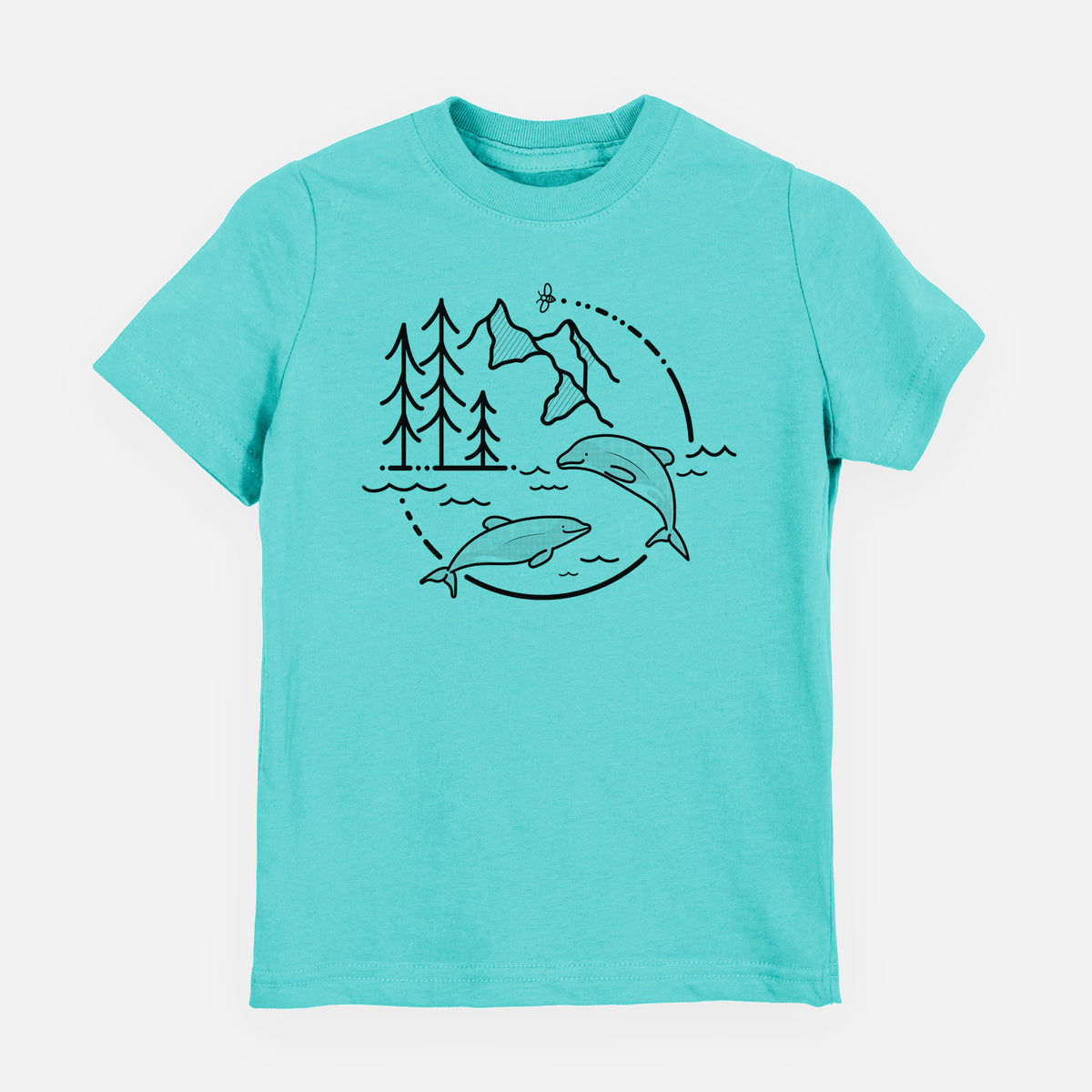 Caribbean blue youth t-shirt laid flat, printed with a black line art circle connecting pine trees, mountains, a bee and two Maui dolphins leaping from the waves.