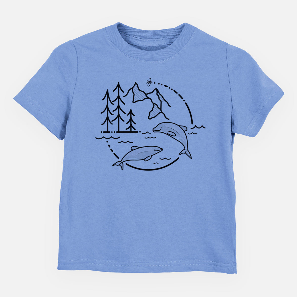 Carolina blue toddler t-shirt laid flat, printed with a black line art circle connecting pine trees, mountains, a bee and two Maui dolphins leaping from the waves.