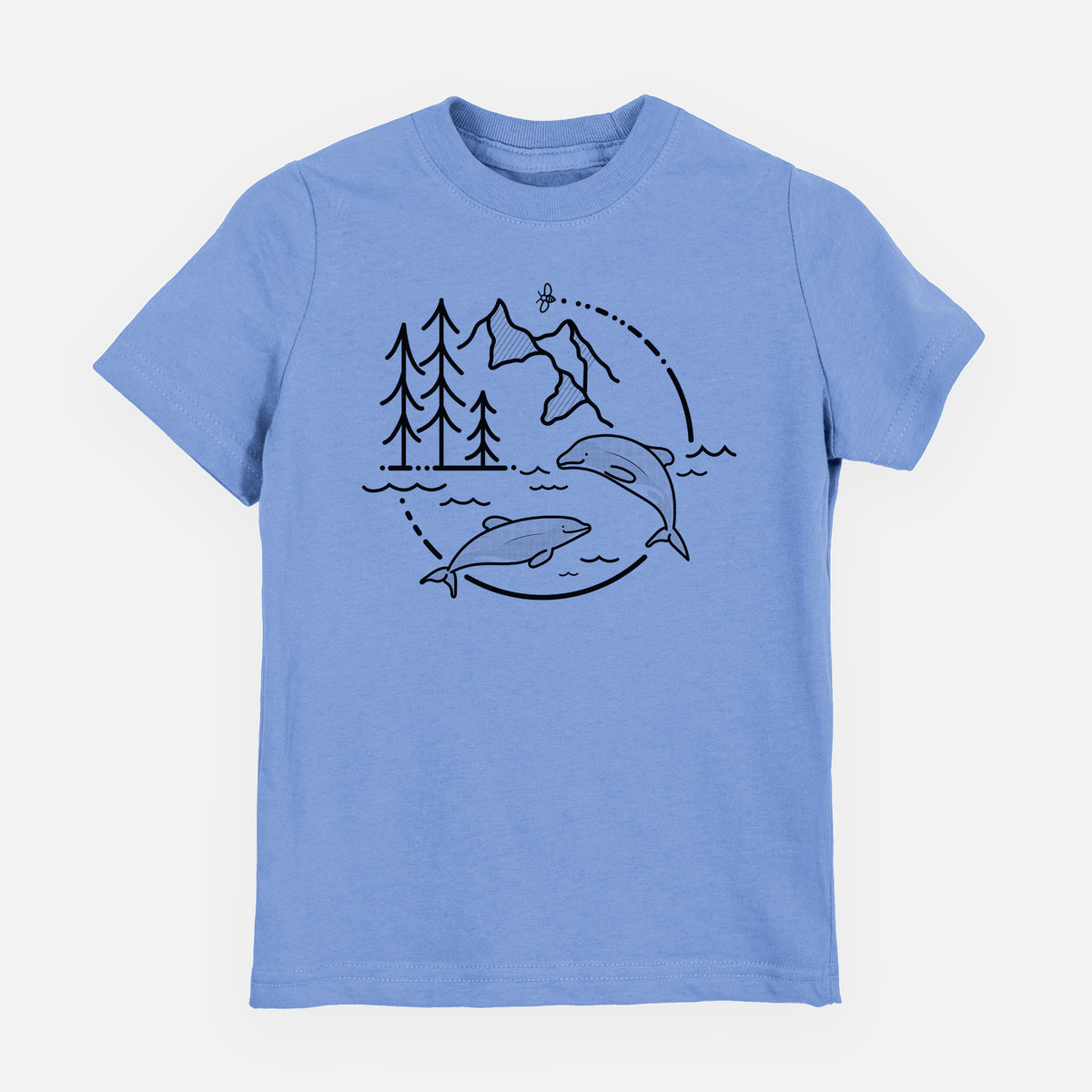 Carolina blue youth t-shirt laid flat, printed with a black line art circle connecting pine trees, mountains, a bee and two Maui dolphins leaping from the waves.