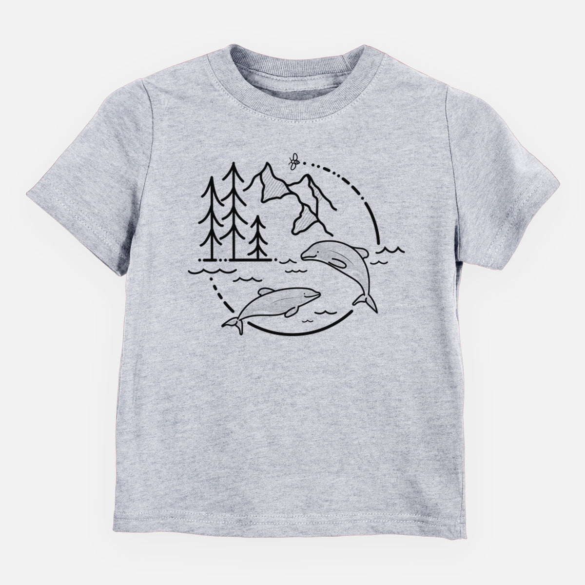 Heather grey toddler t-shirt laid flat, printed with a black line art circle connecting pine trees, mountains, a bee and two Maui dolphins leaping from the waves.