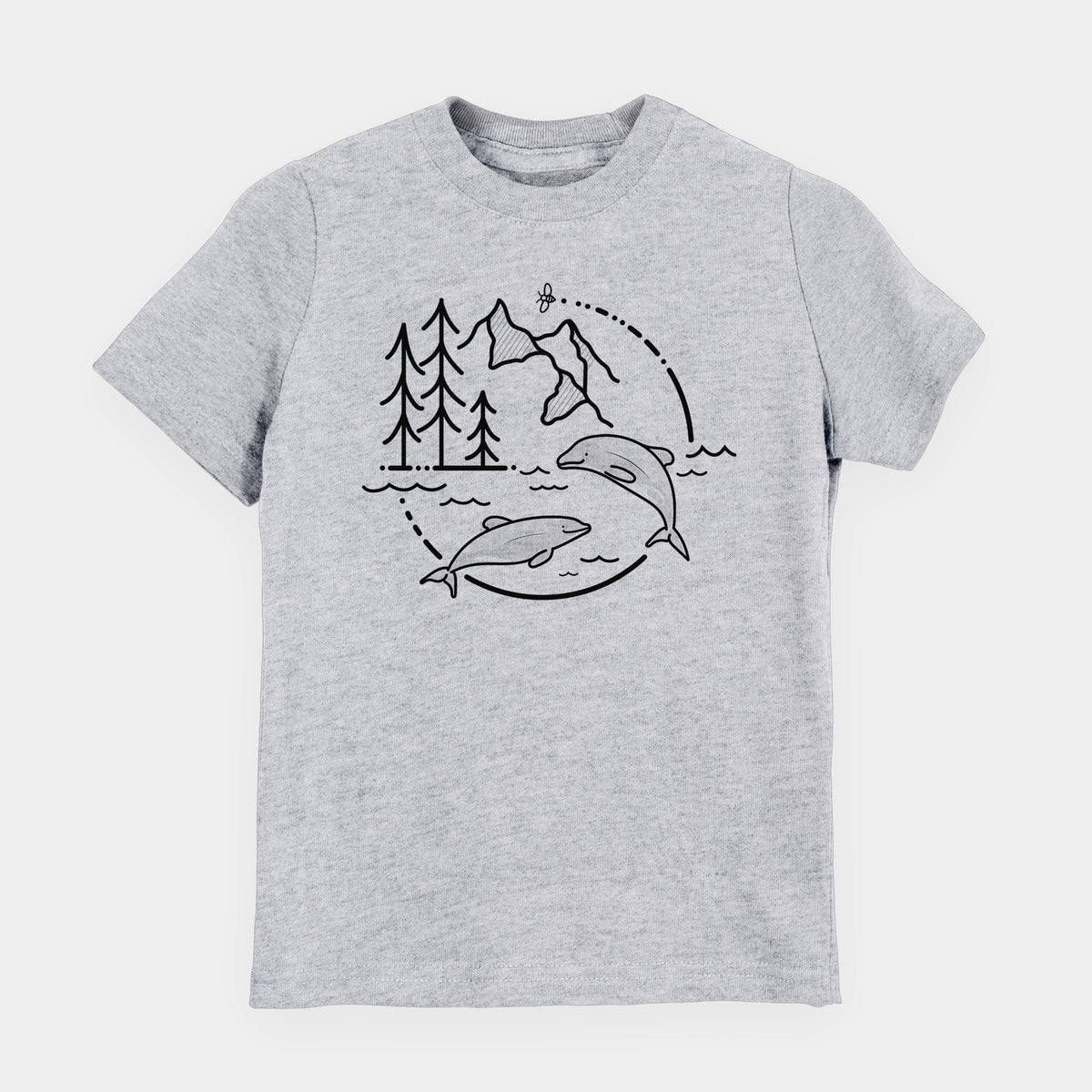 Heather grey youth t-shirt laid flat, printed with a black line art circle connecting pine trees, mountains, a bee and two Maui dolphins leaping from the waves.