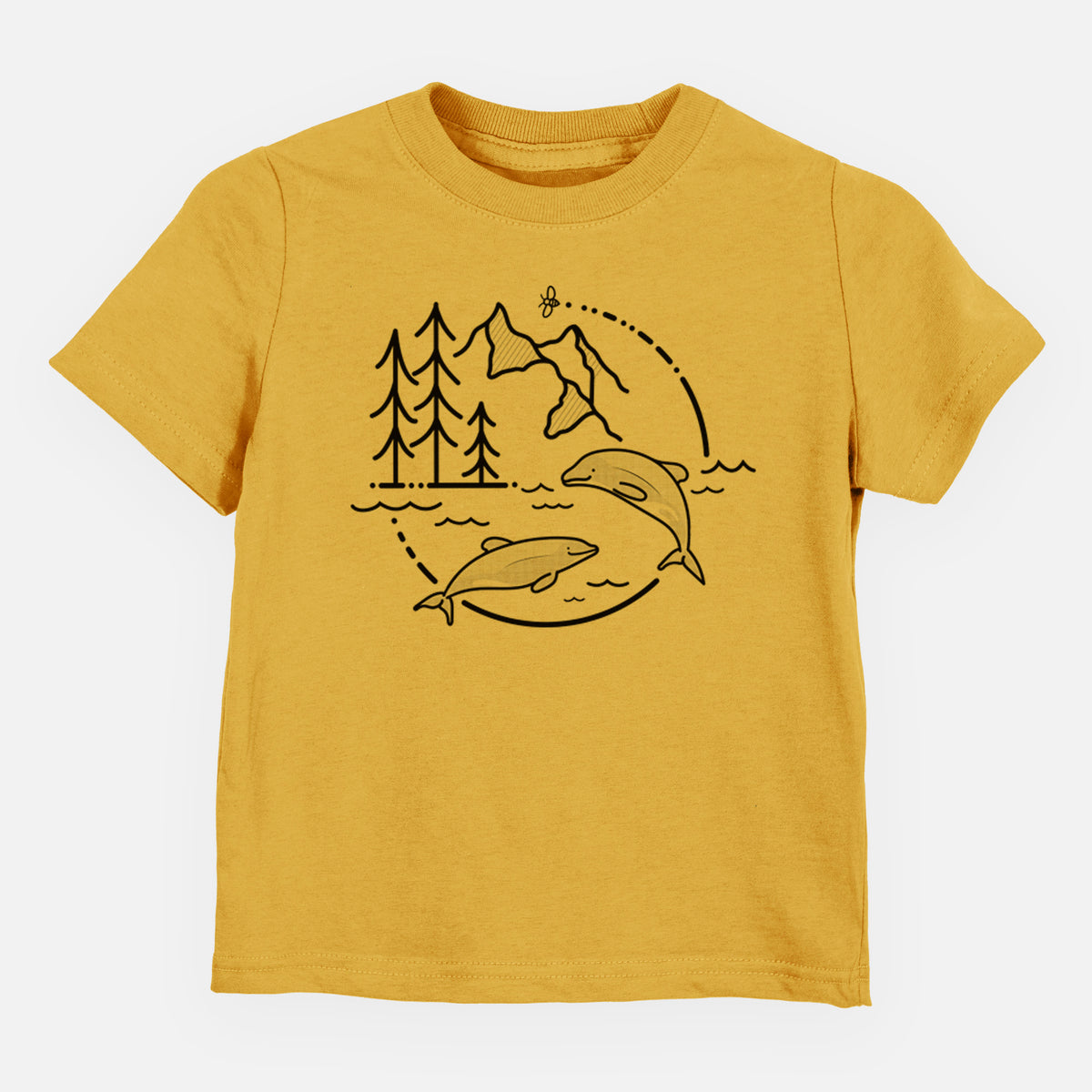 Honeycomb yellow toddler t-shirt laid flat, printed with a black line art circle connecting pine trees, mountains, a bee and two Maui dolphins leaping from the waves.