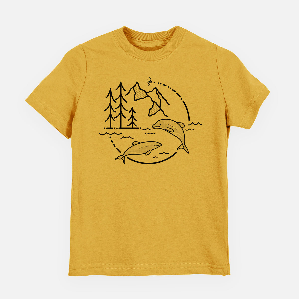 Honeycomb yellow youth t-shirt laid flat, printed with a black line art circle connecting pine trees, mountains, a bee and two Maui dolphins leaping from the waves.