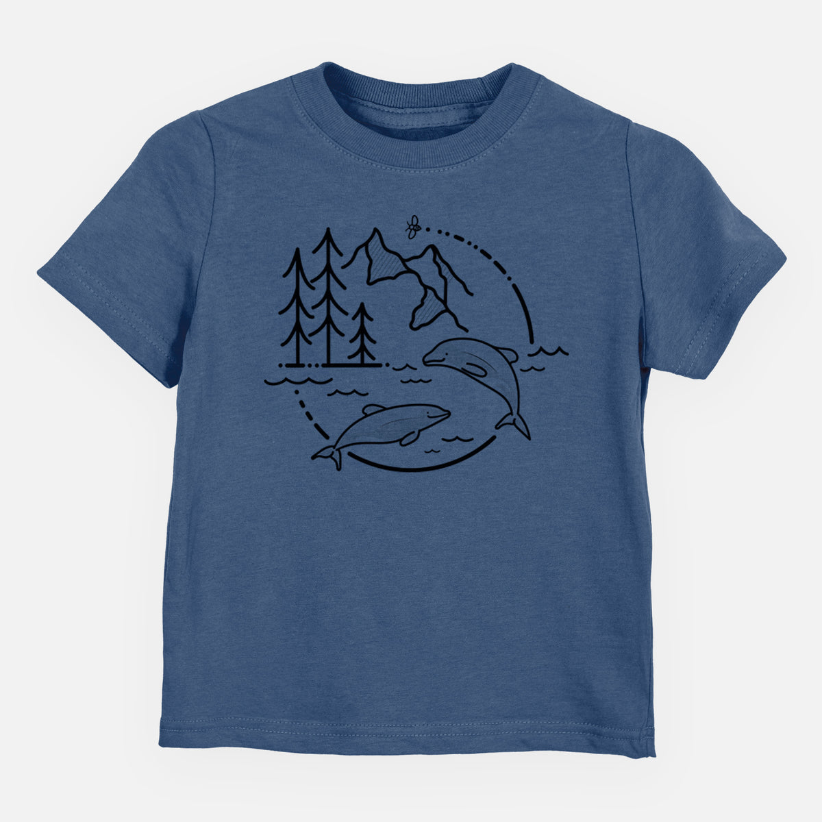 Indigo blue toddler t-shirt laid flat, printed with a black line art circle connecting pine trees, mountains, a bee and two Maui dolphins leaping from the waves.
