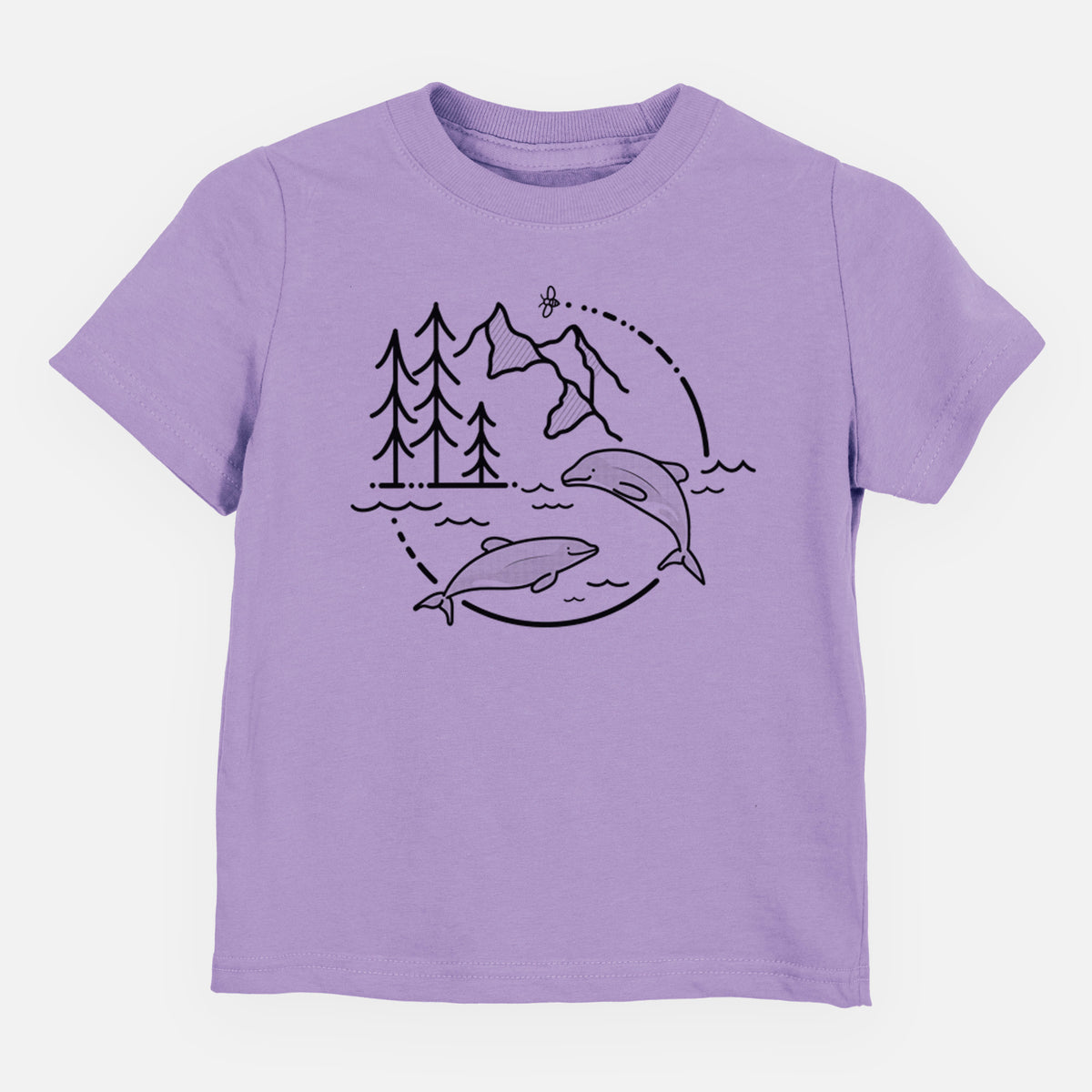 Lavender toddler t-shirt laid flat, printed with a black line art circle connecting pine trees, mountains, a bee and two Maui dolphins leaping from the waves.