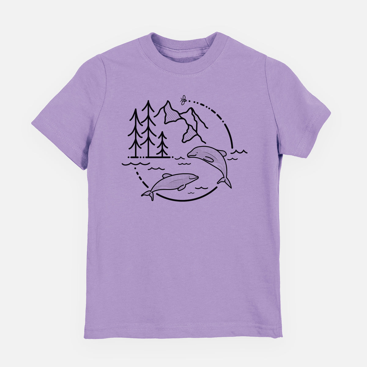 Lavender youth t-shirt laid flat, printed with a black line art circle connecting pine trees, mountains, a bee and two Maui dolphins leaping from the waves.