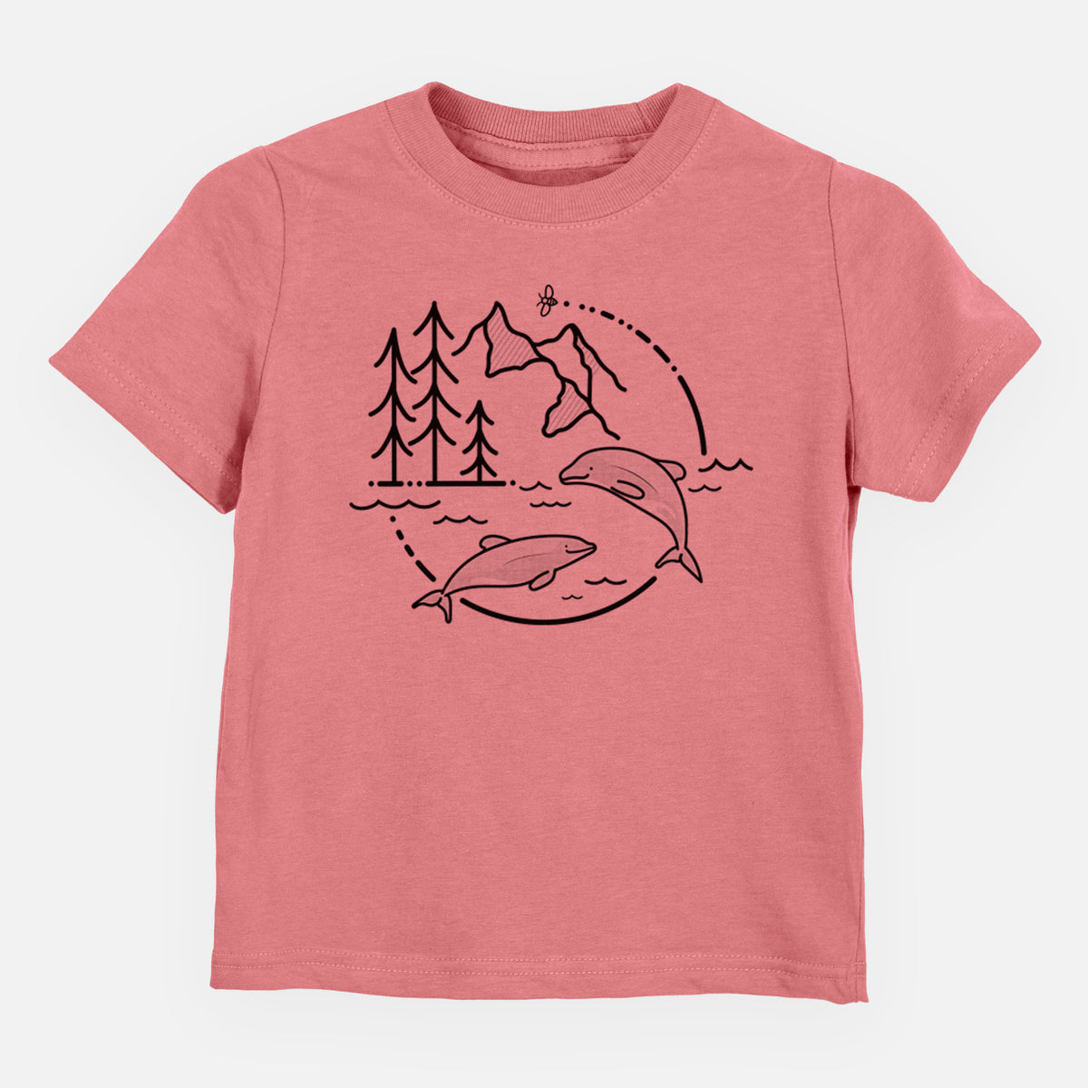 Mauve pink toddler t-shirt laid flat, printed with a black line art circle connecting pine trees, mountains, a bee and two Maui dolphins leaping from the waves.