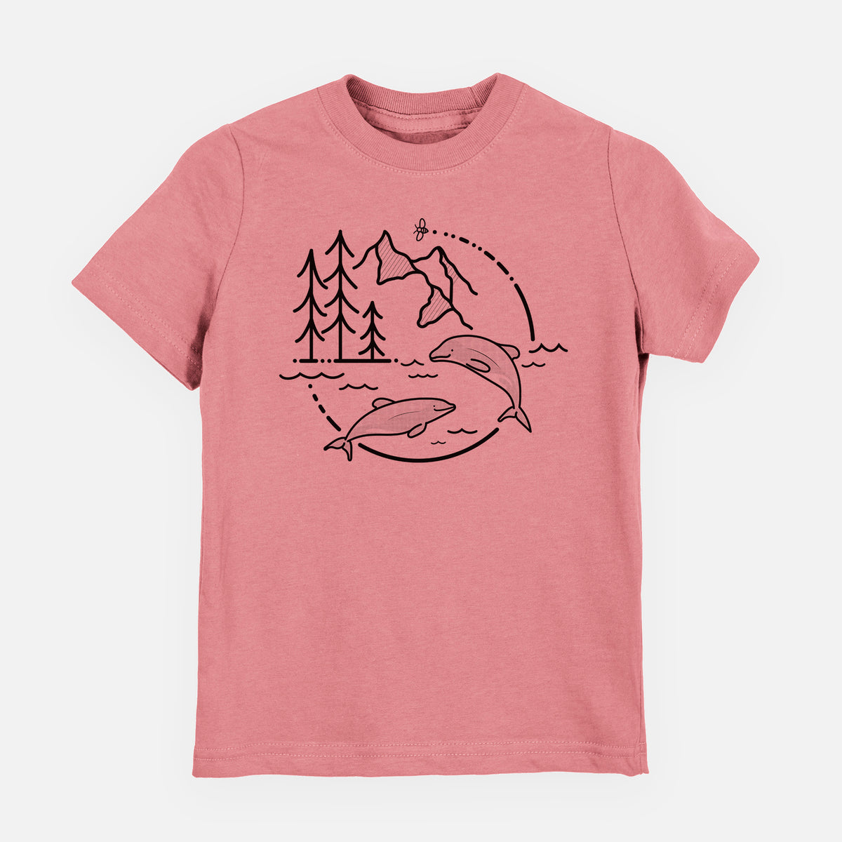 Mauve pink youth t-shirt laid flat, printed with a black line art circle connecting pine trees, mountains, a bee and two Maui dolphins leaping from the waves.