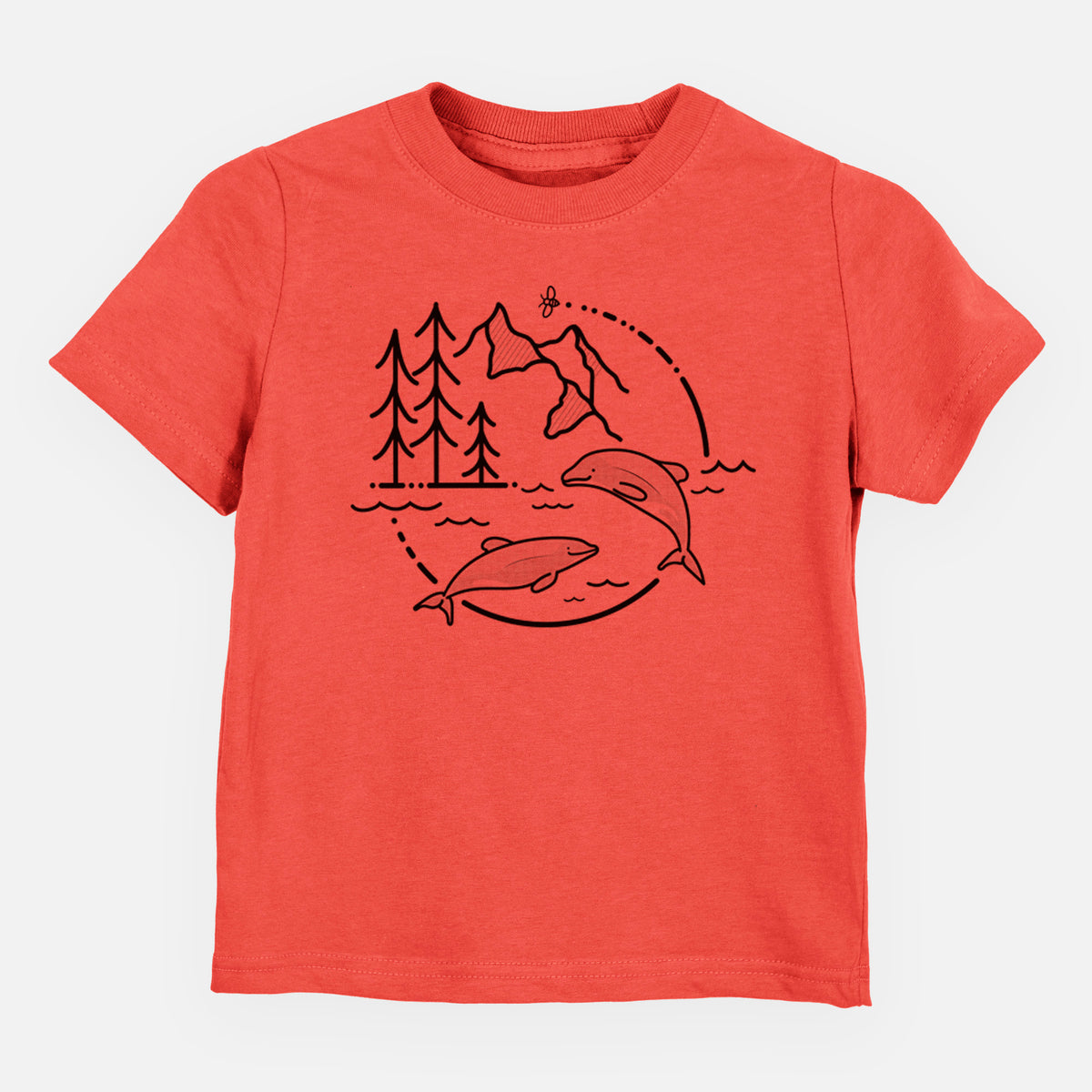 Passionfruit pink toddler t-shirt laid flat, printed with a black line art circle connecting pine trees, mountains, a bee and two Maui dolphins leaping from the waves.